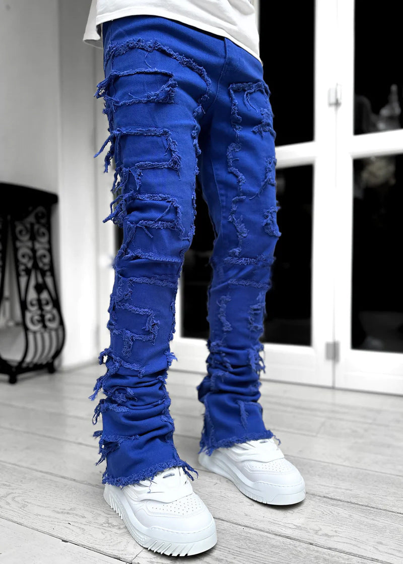 Men’s Patched Stacked Jeans - Tight Fit Long Trousers, Fashionable Casual Pants for Men