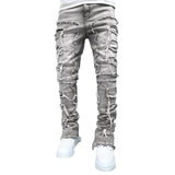 Men’s Patched Stacked Jeans - Tight Fit Long Trousers, Fashionable Casual Pants for Men