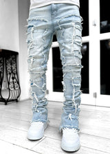 Men’s Patched Stacked Jeans - Tight Fit Long Trousers, Fashionable Casual Pants for Men