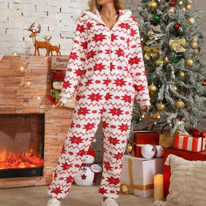 Christmas Printed Plush Jumpsuit | Loose Long Sleeve Red Snowflake Trousers | Cozy Winter Holiday Suit - Clothual