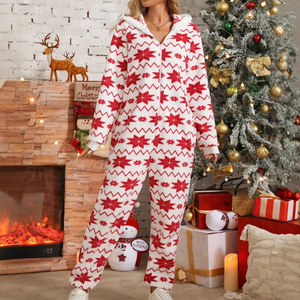 Christmas Printed Plush Jumpsuit | Loose Long Sleeve Red Snowflake Trousers | Cozy Winter Holiday Suit - Clothual