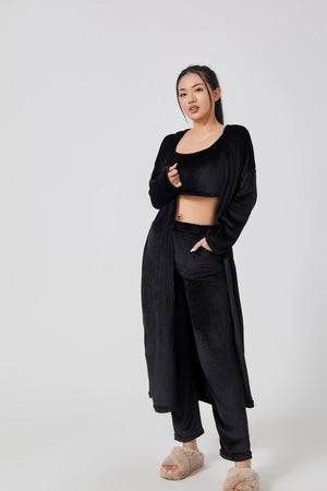 Cozy 3 Piece Lounge Pajama Set for Women – Crop Top, Wide-Leg Pants, and Cardigan - Clothual