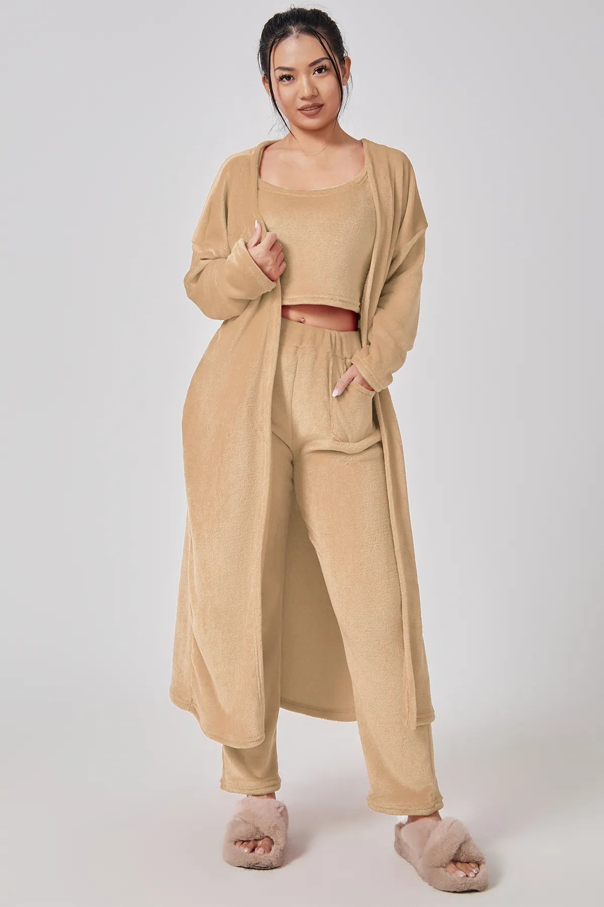 Cozy 3 Piece Lounge Pajama Set for Women – Crop Top, Wide-Leg Pants, and Cardigan - Clothual