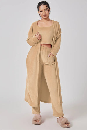 Cozy 3 Piece Lounge Pajama Set for Women – Crop Top, Wide-Leg Pants, and Cardigan - Clothual