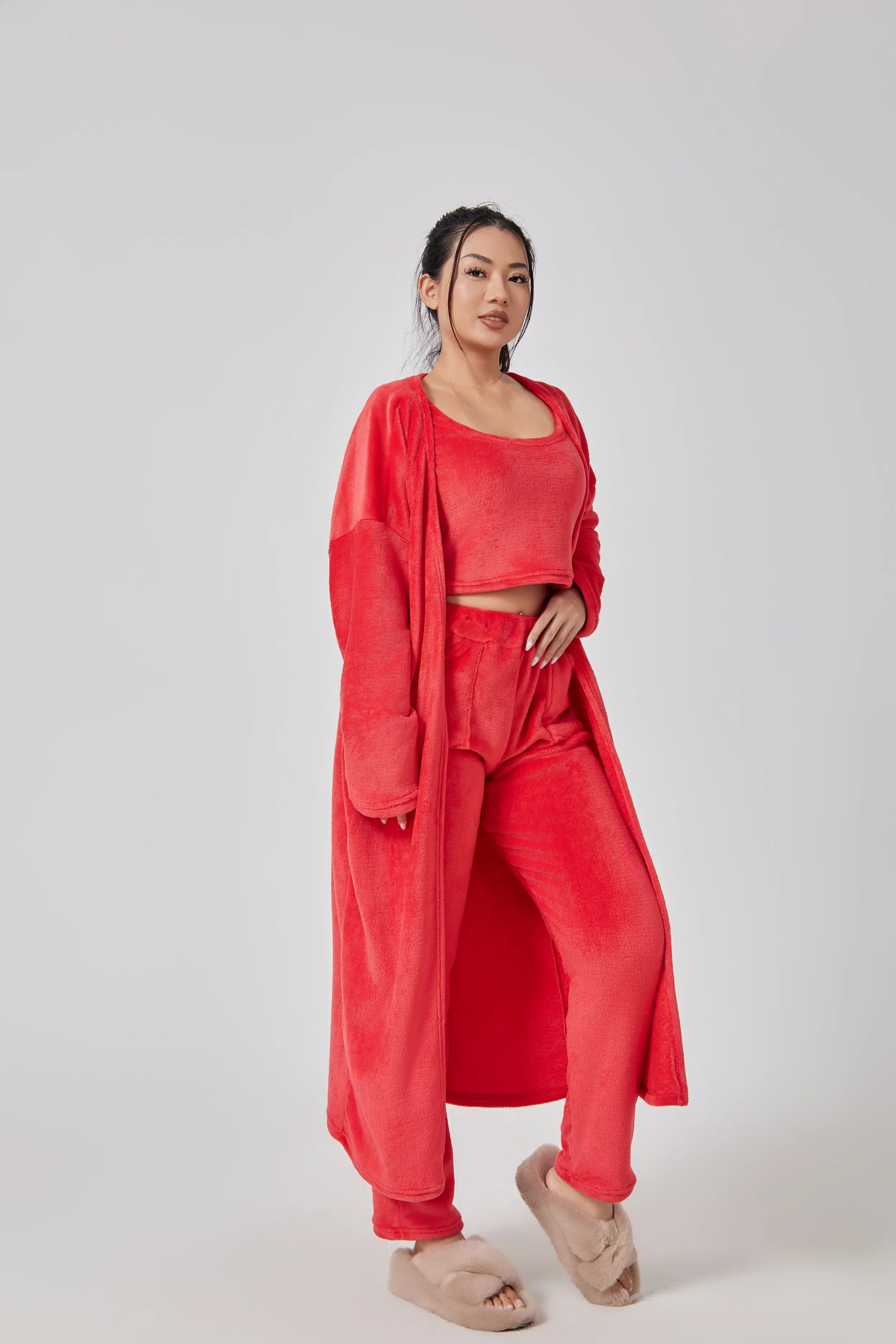 Cozy 3 Piece Lounge Pajama Set for Women – Crop Top, Wide-Leg Pants, and Cardigan - Clothual