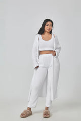 Cozy 3 Piece Lounge Pajama Set for Women – Crop Top, Wide-Leg Pants, and Cardigan - Clothual