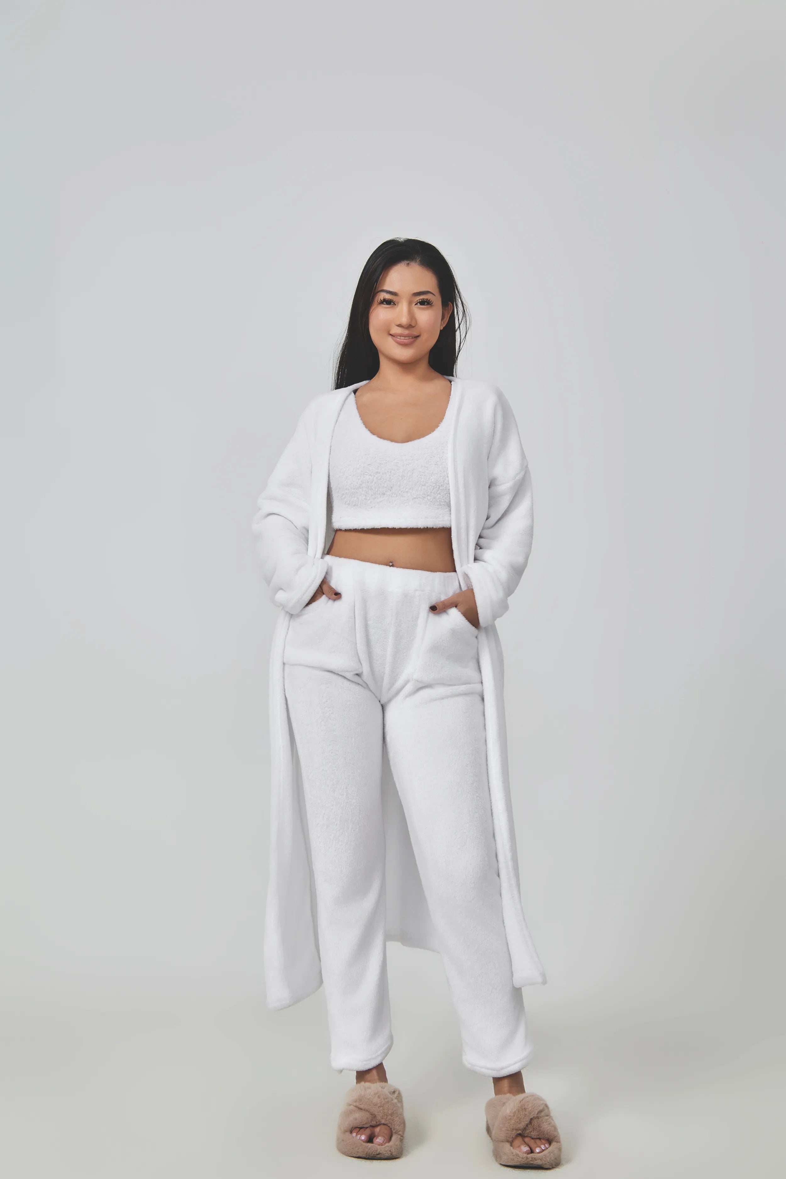 Cozy 3 Piece Lounge Pajama Set for Women – Crop Top, Wide-Leg Pants, and Cardigan - Clothual