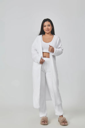 Cozy 3 Piece Lounge Pajama Set for Women – Crop Top, Wide-Leg Pants, and Cardigan - Clothual