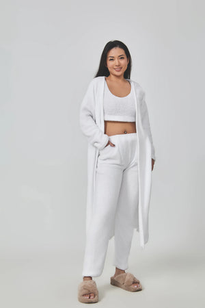 Cozy 3 Piece Lounge Pajama Set for Women – Crop Top, Wide-Leg Pants, and Cardigan - Clothual