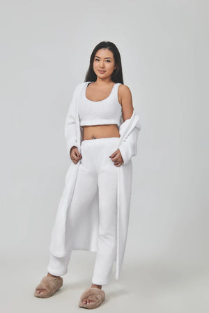 Cozy 3 Piece Lounge Pajama Set for Women – Crop Top, Wide-Leg Pants, and Cardigan - Clothual