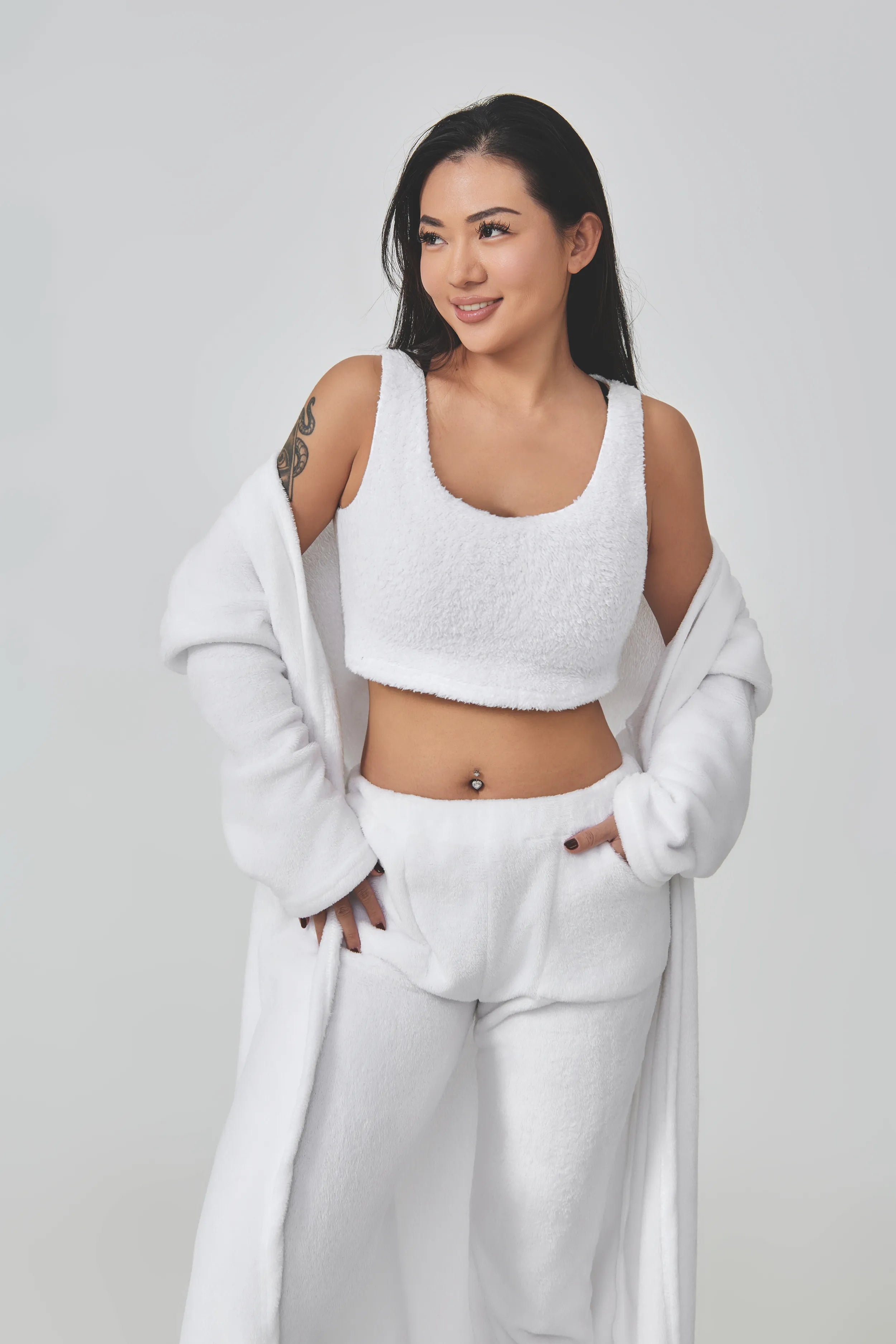 Cozy 3 Piece Lounge Pajama Set for Women – Crop Top, Wide-Leg Pants, and Cardigan - Clothual