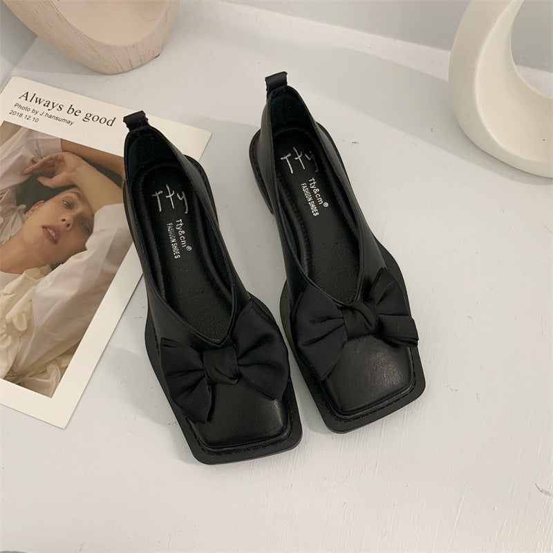 French Minority Bow Flat Shoes – Stylish Leather Ballet Pumps with Square Toe, Low Heel, Available in Multiple Colors and Sizes