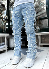 Men’s Patched Stacked Jeans - Tight Fit Long Trousers, Fashionable Casual Pants for Men