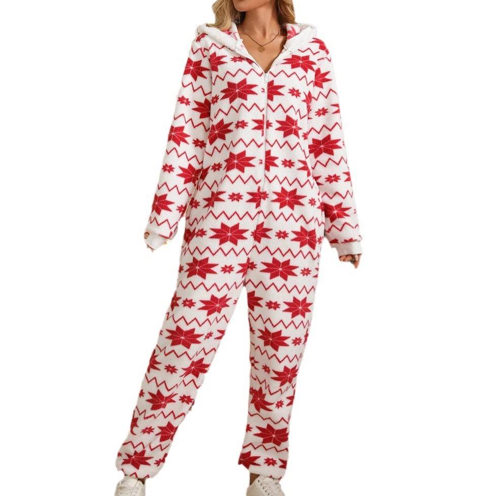 Christmas Printed Plush Jumpsuit | Loose Long Sleeve Red Snowflake Trousers | Cozy Winter Holiday Suit - Clothual