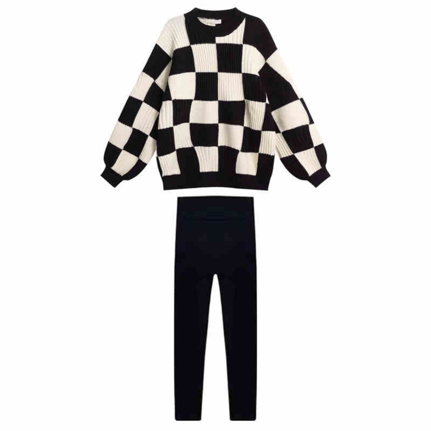 High-End Two-Piece Set: Plaid Sweater & Black Shark Pants for Women