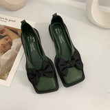 French Minority Bow Flat Shoes – Stylish Leather Ballet Pumps with Square Toe, Low Heel, Available in Multiple Colors and Sizes