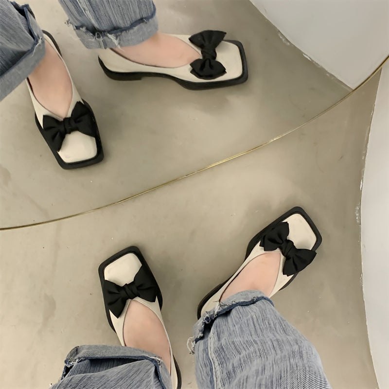 French Minority Bow Flat Shoes – Stylish Leather Ballet Pumps with Square Toe, Low Heel, Available in Multiple Colors and Sizes