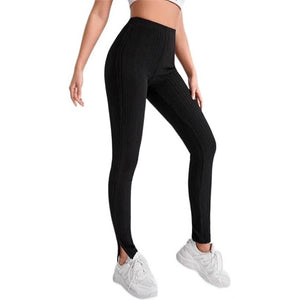 Women's High Waist Fur-Trimmed Winter Leggings – Warm, Stretchy, Solid Color with Drawstring - Clothual