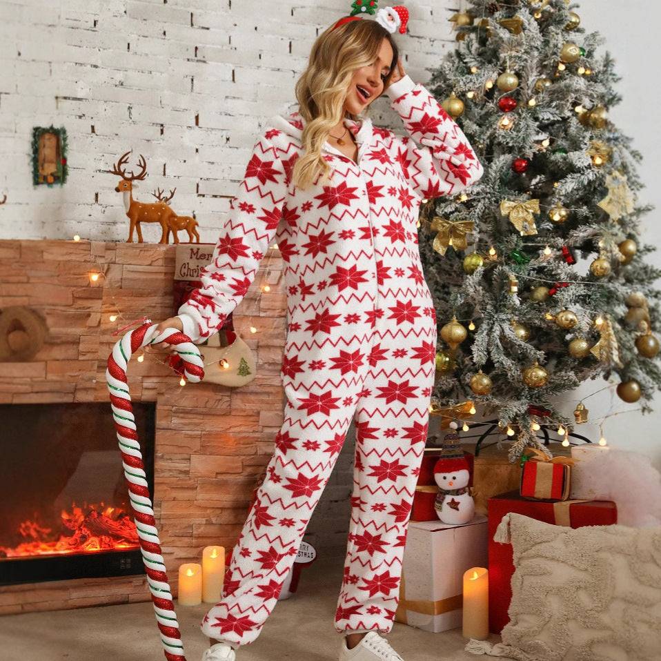 Christmas Printed Plush Jumpsuit | Loose Long Sleeve Red Snowflake Trousers | Cozy Winter Holiday Suit - Clothual