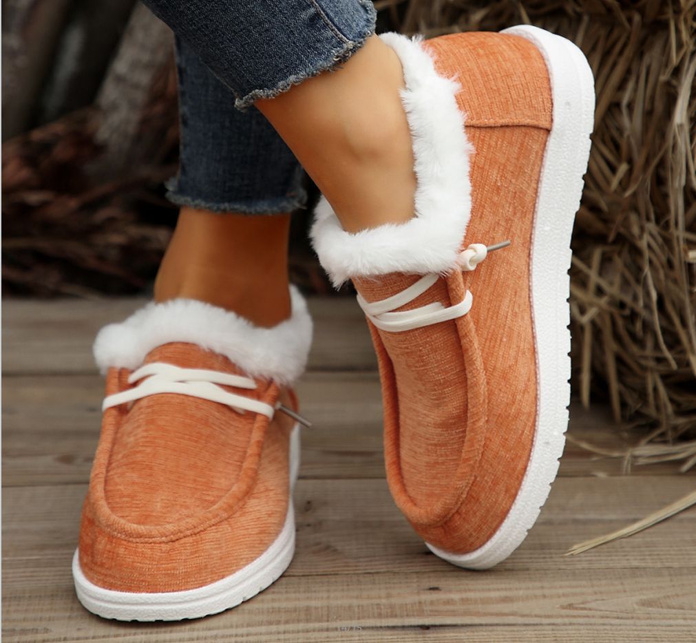 European & American Women's Winter Shoes – Flat Heel, Round Toe, Fleece-lined & Furry Warm Low Cut Slip-On Boots