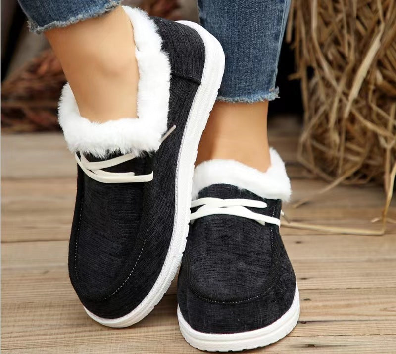 European & American Women's Winter Shoes – Flat Heel, Round Toe, Fleece-lined & Furry Warm Low Cut Slip-On Boots