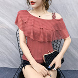 Elegant Ruffled Shoulder Ice Silk Top with Cold-Shoulder Detail