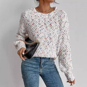 Autumn and winter long sleeve round neck knitted pullover top in white.