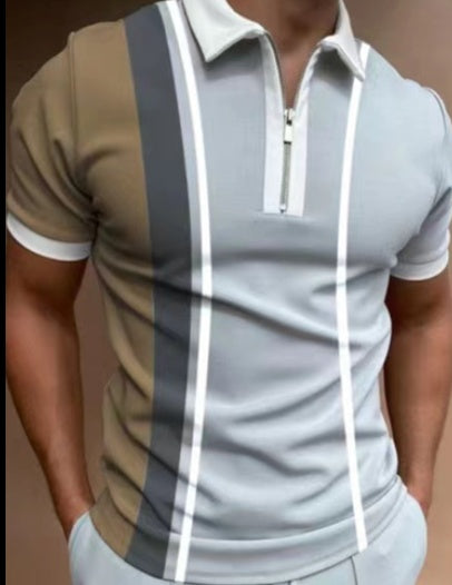 Men's Striped Polo Shirt - Short Sleeve, Lapel Collar, Cotton Blend