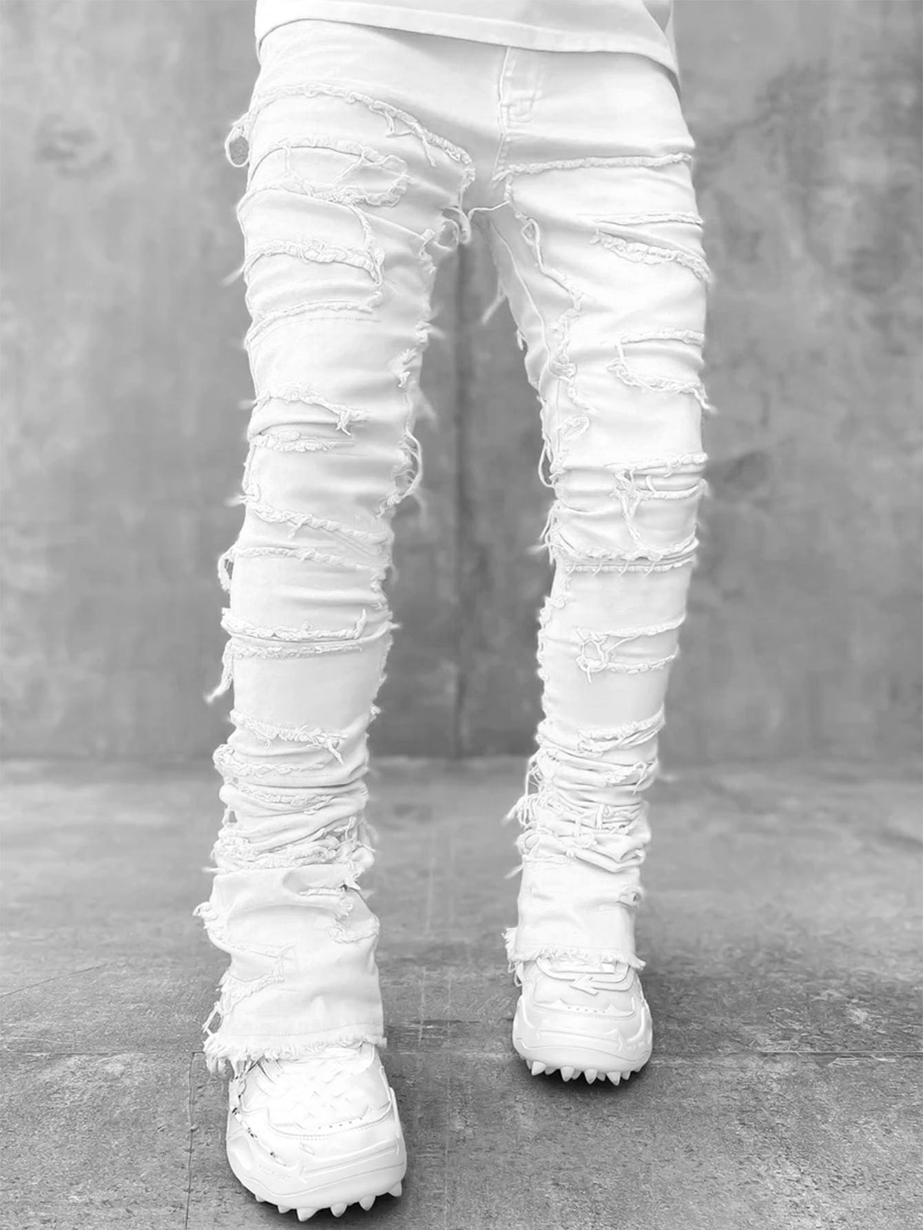 Men’s Patched Stacked Jeans - Tight Fit Long Trousers, Fashionable Casual Pants for Men