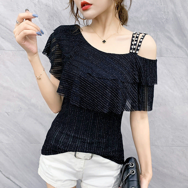 Elegant Ruffled Shoulder Ice Silk Top with Cold-Shoulder Detail