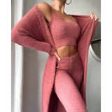 Cozy 3 Piece Lounge Pajama Set for Women – Crop Top, Wide-Leg Pants, and Cardigan - Clothual