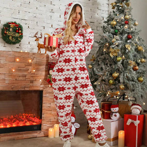 Christmas printed plush jumpsuit with red snowflake design for winter fashion