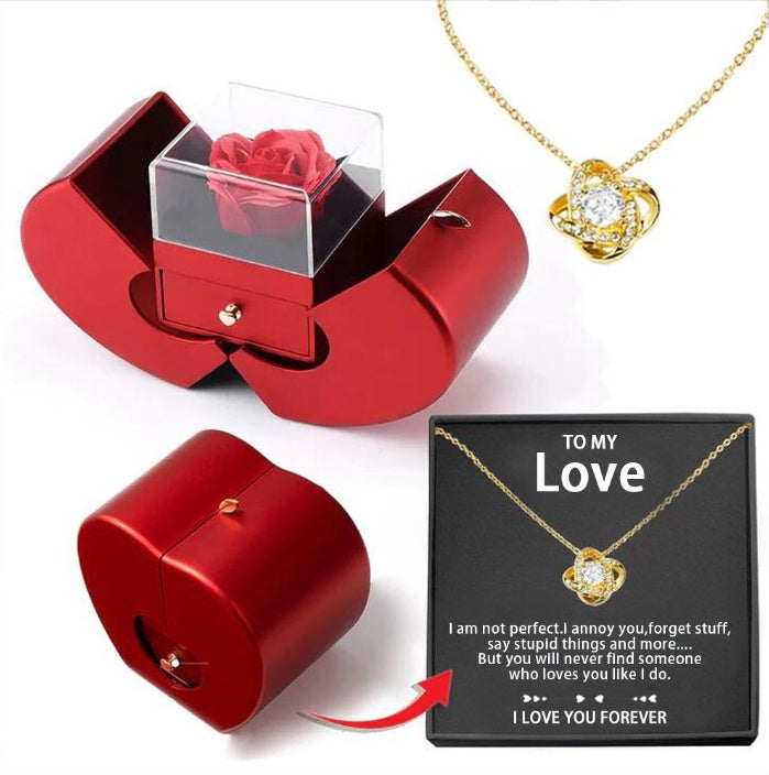 Red Apple Jewelry Box with Eternal Rose – Handmade Soap Flower Gift Box for Necklace, Valentine's Day, Mother's Day & Christmas Gift for Girls