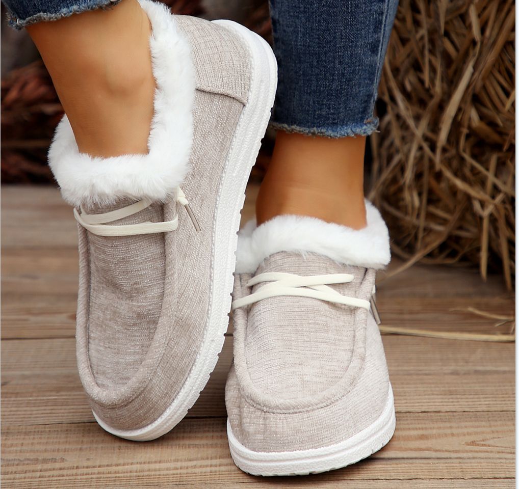 European & American Women's Winter Shoes – Flat Heel, Round Toe, Fleece-lined & Furry Warm Low Cut Slip-On Boots