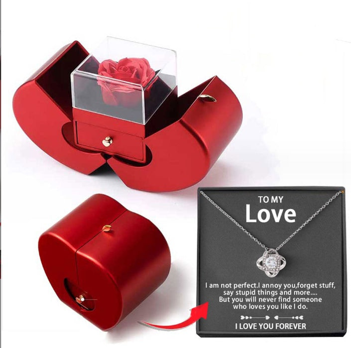 Red Apple Jewelry Box with Eternal Rose – Handmade Soap Flower Gift Box for Necklace, Valentine's Day, Mother's Day & Christmas Gift for Girls