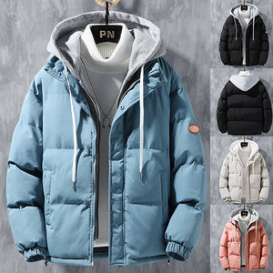 Men’s fashion hooded jacket, windproof winter cotton cardigan in black, khaki, pink, and blue.