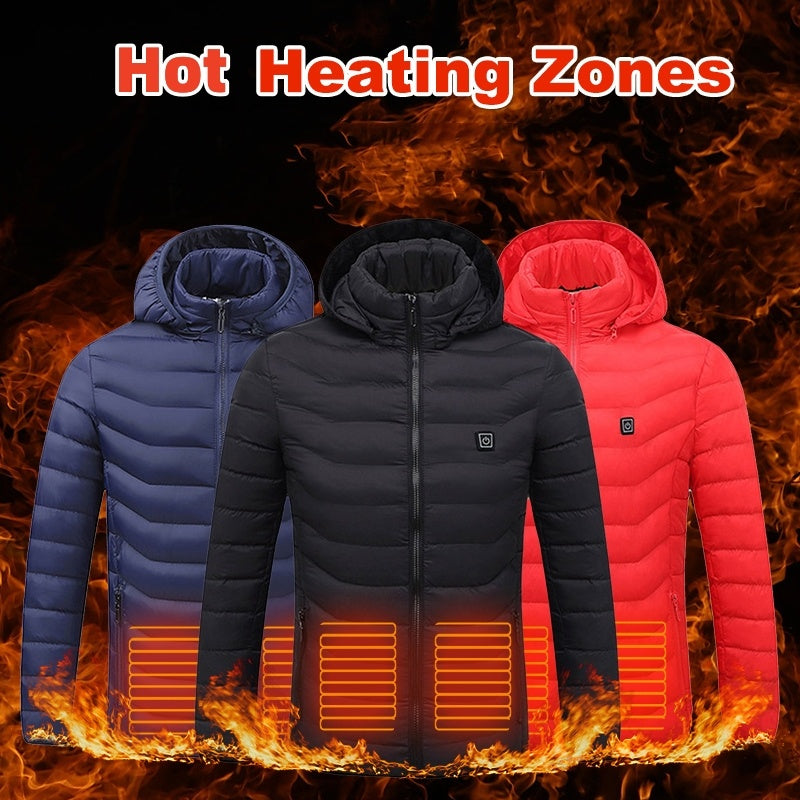 Men's USB electric heated jacket with removable hood for winter warmth and comfort. Multi-zone heating, lightweight thermal coat for outdoor activities.