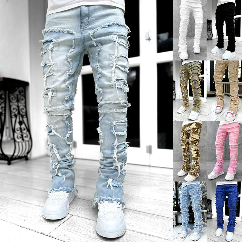 Men's Patched Stacked Jeans - Tight Fit Long Casual Pants for Men in Various Colors