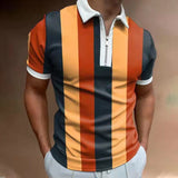 Men's striped polo shirt with short sleeves, lapel collar, and cotton blend material.