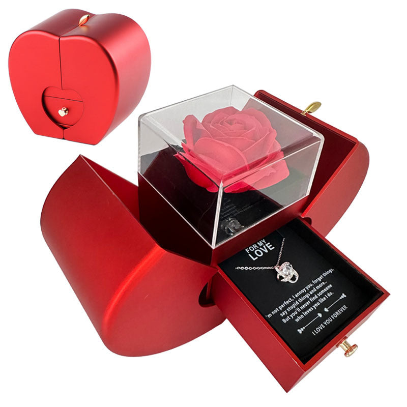 Red apple jewelry box with eternal rose and necklace for Valentine's Day, Mother's Day, and Christmas gift.