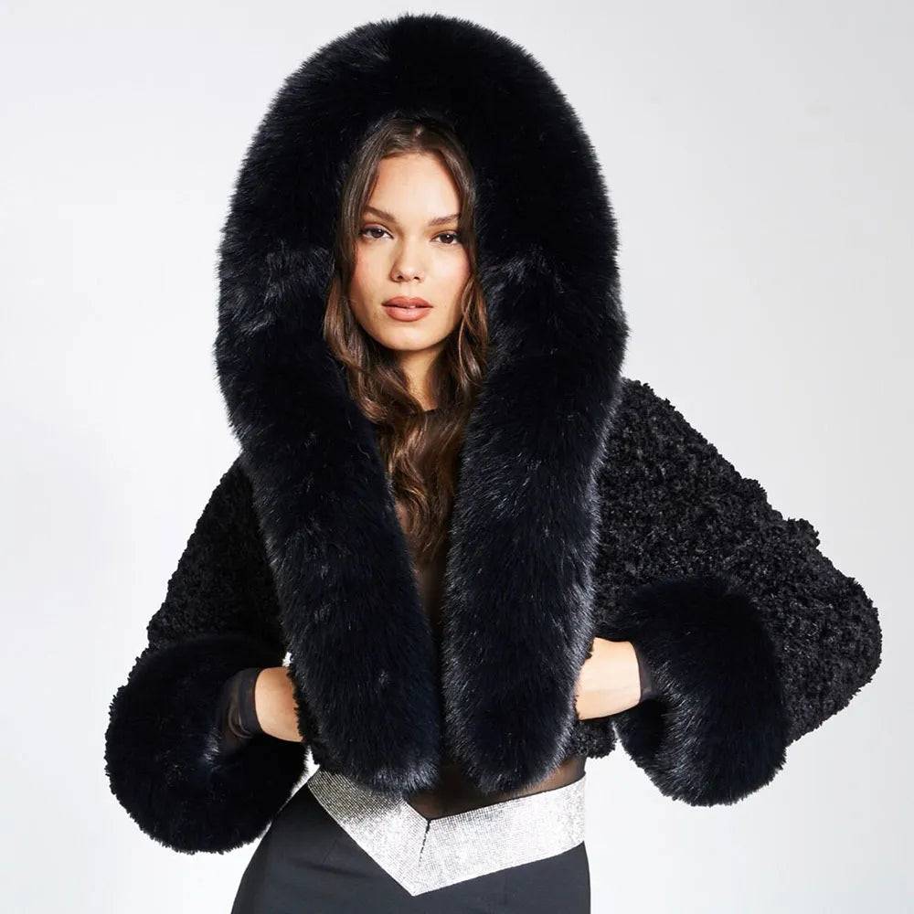 Short Rabbit Fur Collar Woolen Coat - Elegant and Cozy Artificial Fur Outerwear in Black and White