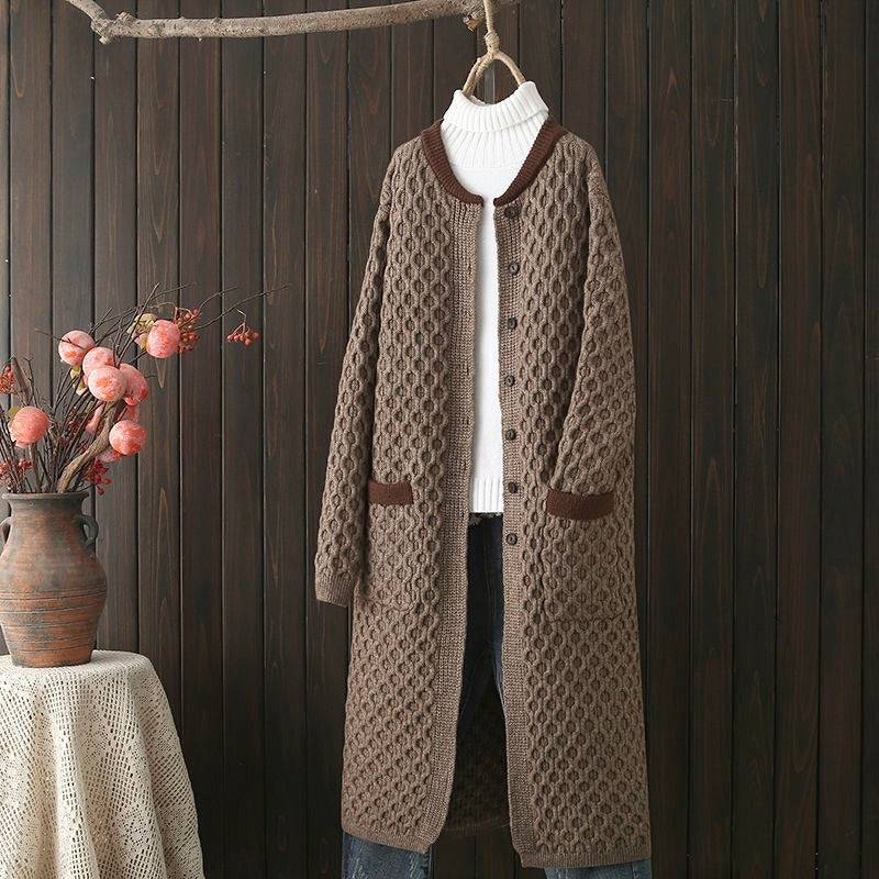 Thick mid-length knitted cardigan for women, cozy autumn and winter outerwear, available in creamy white, dark gray, and camel.