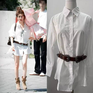 White collar linen shirt dress for women with batwing sleeves and asymmetric skirt, perfect for autumn wear