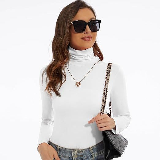 Women's slim-fit turtleneck top in white and black, elegant polyester shirt for casual and office wear