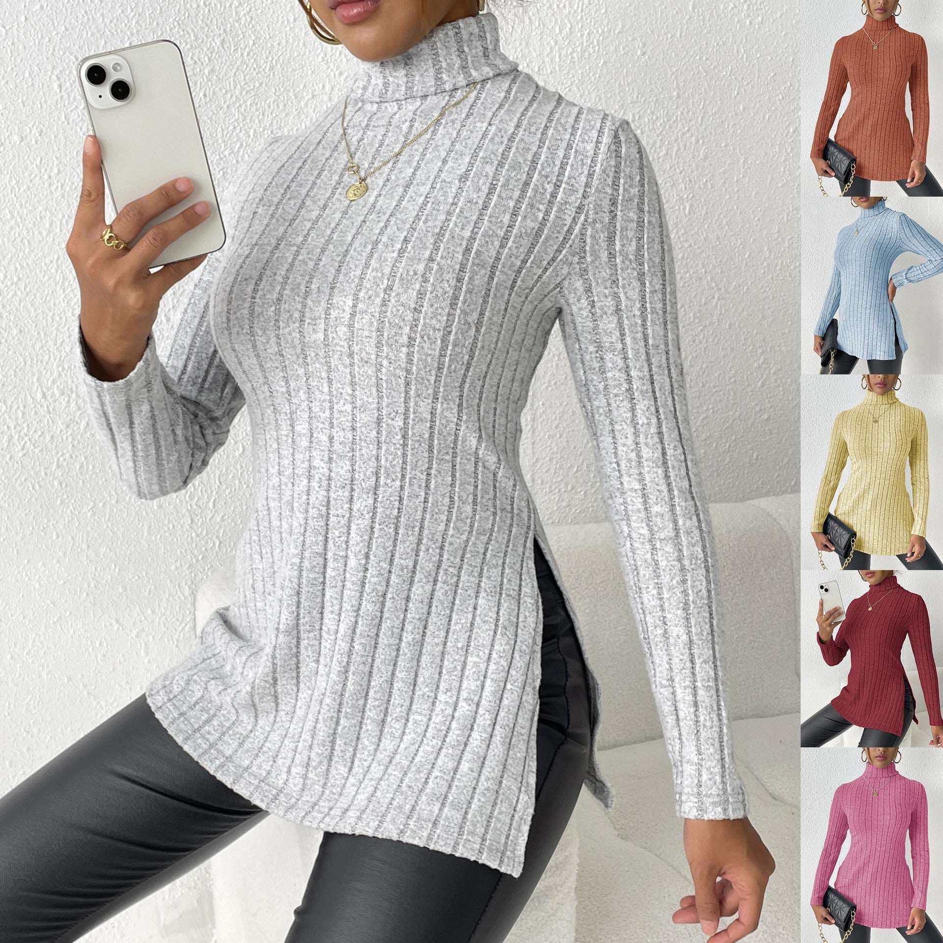 Cozy Women's Velvet Turtleneck Pullover Sweater in multiple colors – Flower Gray, Rose Red, Brown, Sky Blue, and Purplish Red Yellow, available in sizes S-XL.